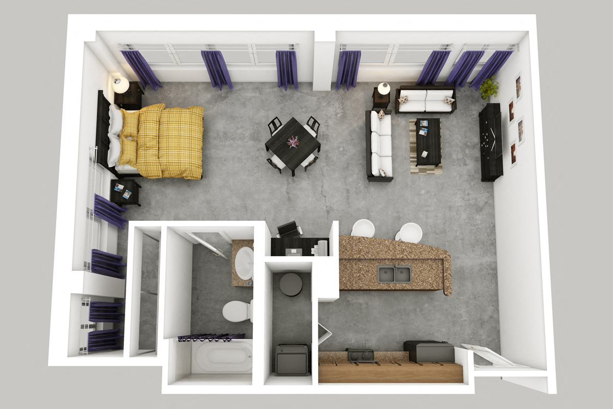 Floor plan for studio, 1 bath, 620 sqft